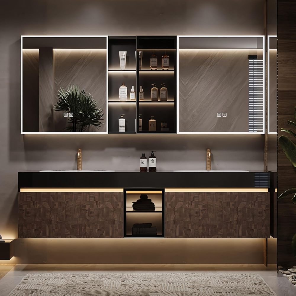 60 in Double Bathroom Vanity with Sinks - Floating Bathroom Vanity Set | Includes LED Smart Defogging Mirror Cabinet & Faucet | Multi-Layer Solid Wood Material | Smart Sensor Light | Brown