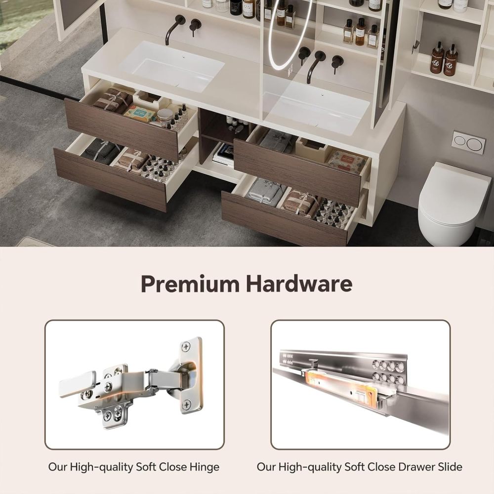 52IN Double Sink Bathroom Vanity - Wall-Mounted Bathroom Vanity Set | Luxurious Large Spaces | Equipped with LED Smart Defogging Mirror | Marble Countertop | Multi-Layer Solid Wood