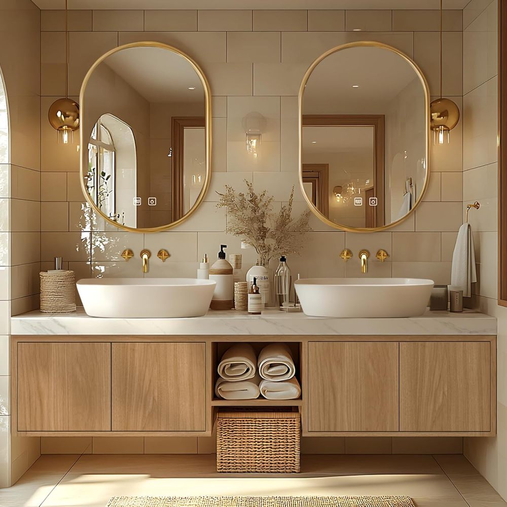 Bathroom Vanity - Floating Bathroom Vanity with Double Sinks Includes Above Counter Sink & Irregular Mirror|Modern Log Style,Exquisite Handle,Open Storage Rack(84IN)