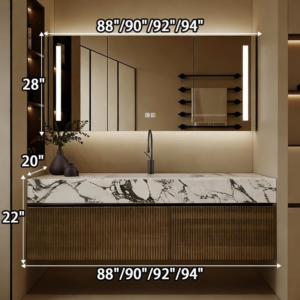 92IN Bathroom Vanity - Solid Wood Bathroom Vanity with Seamless Sink, Includes Smart Defog Mirror Cabinet, Modern Sink Cabinet with 2 Drawers, No Assembly, Wood