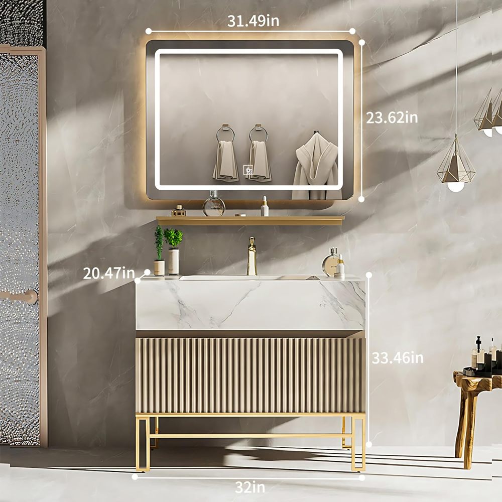Bathroom Vanity - Simple Bathroom Vanity with Sink, Modern Bathroom Vanities Set Includes Smart Led Fog Removal Lights & Mirror Side Cabinet (32")