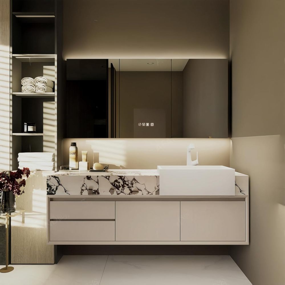 72 in Modern Bathroom Vanity with Sink - Floating Wall-Mounted Solid Wood Vanity Cabinet with Smart Mirror | Raised Ceramic Basin | Anti-Fog LED Mirror | Mirror Cabinet