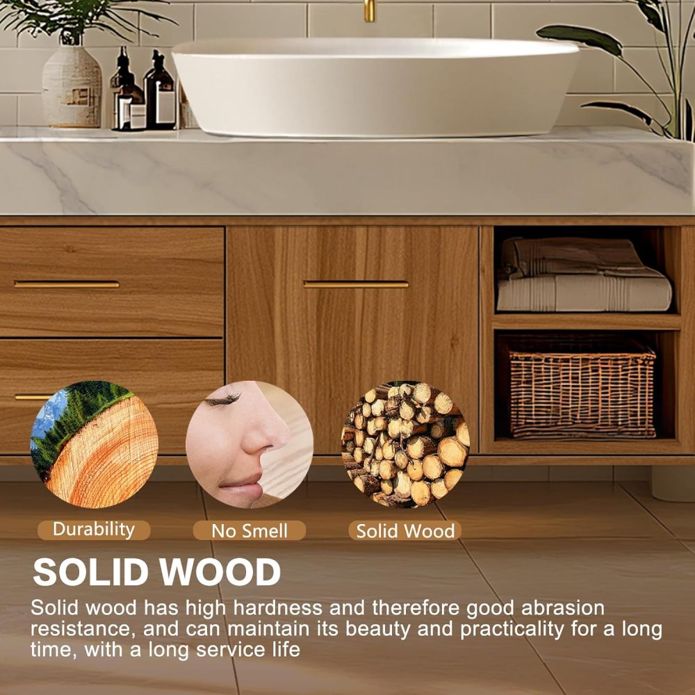 Bathroom Vanity - Floating Bathroom Vanity with Double Sinks Includes Above Counter Sink & Round Mirror|Retro Log Style,Exquisite Handle,Open Storage Cabinet(68IN)