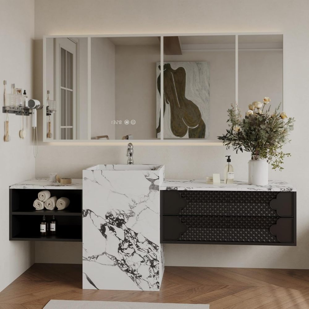 Bathroom Vanity with Sink - Modern Single Pedestal Sink Bathroom Vanity Cabinet with Smart LED Anti-Fog Mirror Set, Freestanding Design for Contemporary Bathrooms (Black,52")