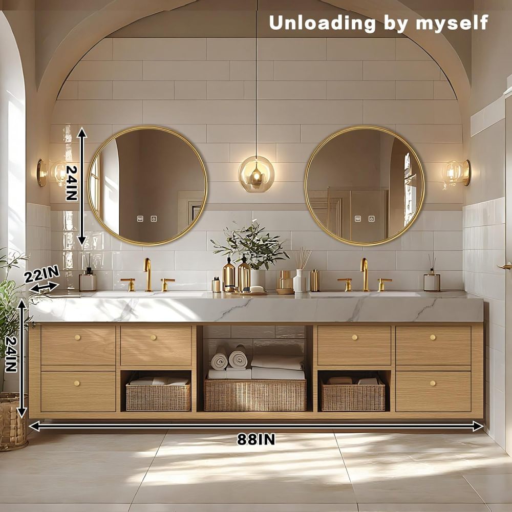 Bathroom Vanity - Floating Bathroom Vanity with Double Sinks Includes American Country Style & Round Mirror|Open Storage Rack,Exquisite Handle,LED Smart Mirror(88IN)