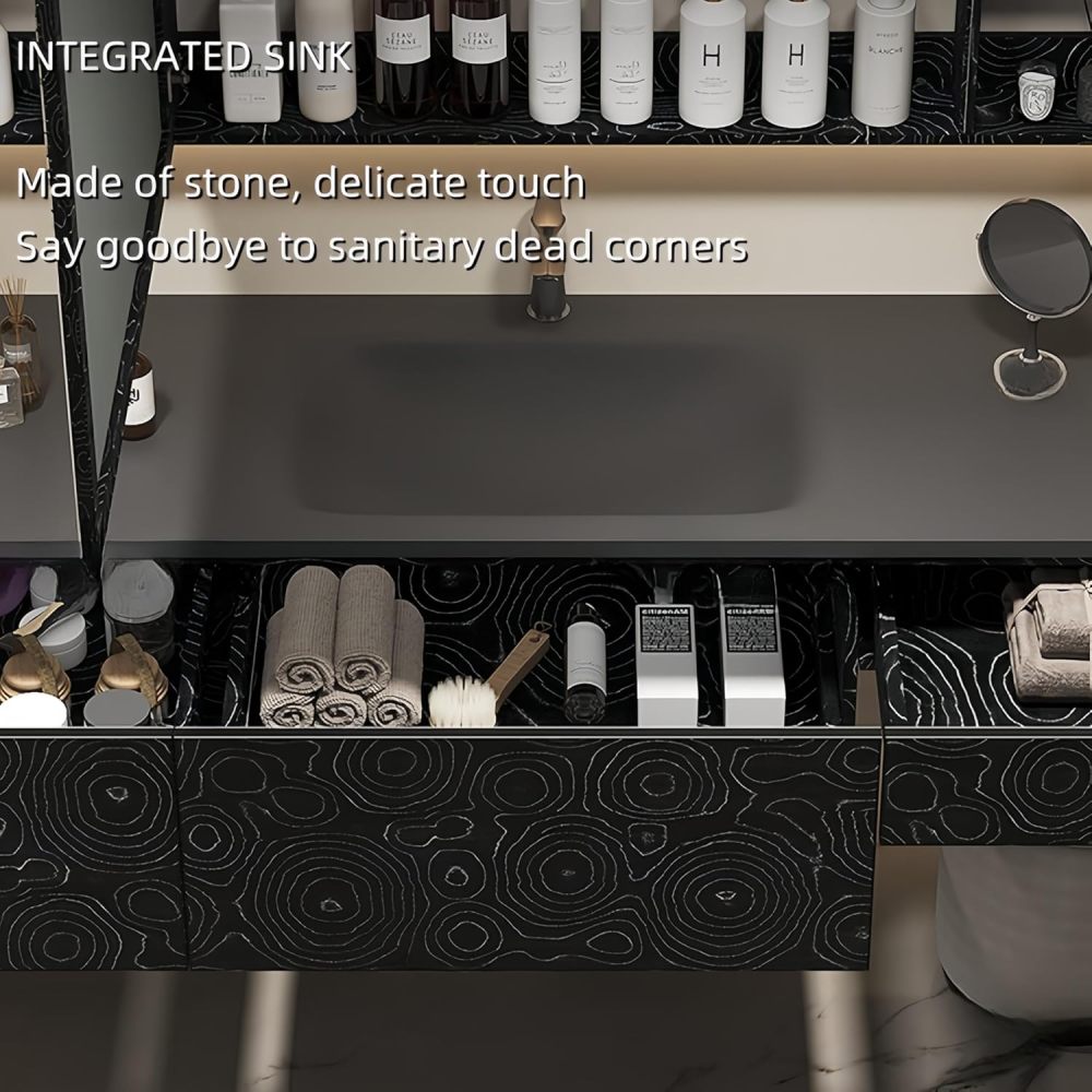 80 in Luxury Bathroom Vanity Set - Floating Bathroom Vanity Cabinet with Sink & LED Smart Defogging Mirror | Increase Makeup Area | Multi-Layer Solid Wood Material | Gray-Left