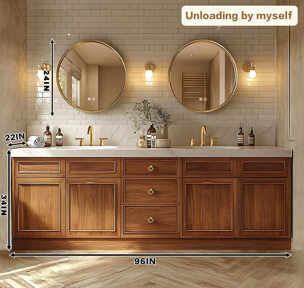 Bathroom Vanity - Modern Bathroom Vanity with Double Sinks Includes Solid Wood Cabinet & Round Mirror|American Country Style,Exquisite Accessories(96IN)