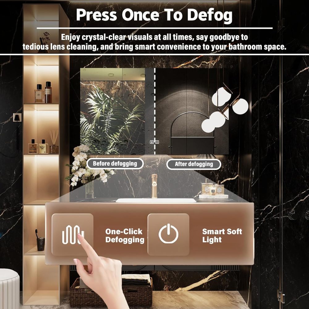 86IN Black Single Sink Bathroom Vanity - Floating Bathroom Vanity Set | Stylish Luxury Design | Featuring LED Smart Defogging Mirror Cabinet & Marble Countertop | Oak Material