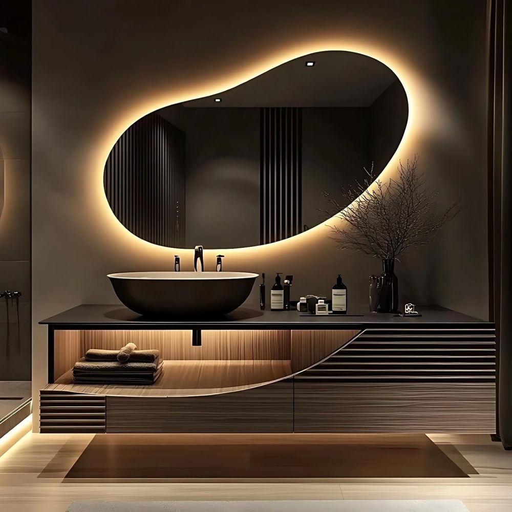 Modern Bathroom Vanity with Sink - Wall-Mounted Floating Solid Wood Bathroom Vanity | LED Smart Anti-Fog Mirror,Stylish Above-Counter Ceramic Sink (Brown,56 in)
