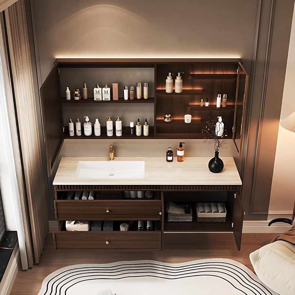 Modern Bathroom Vanity - with Sink and Anti-Fog Mirror | Glass Side Storage Cabinet | Rock Slab Ceramic Basin | Soft Close Drawers | Gold Handles | Deep Walnut Finish(Brown,56 in)