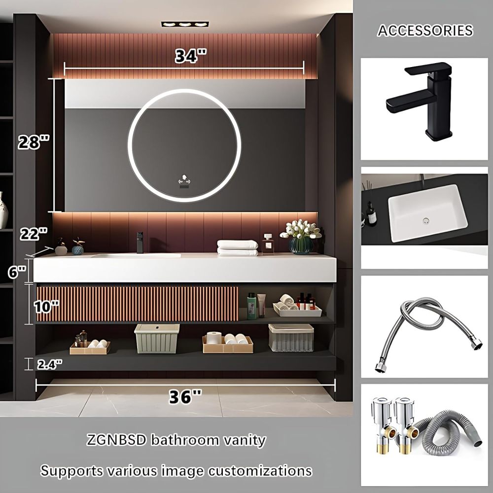 Bathroom Vanity with Sink - Modern Single Sink Floating Vanity Set, Including LED Smart Defogger Mirror, Bathroom Vanity Cabinet with Multi-Layer Solid Wood Material | Wall Mounted (Brown, 36")