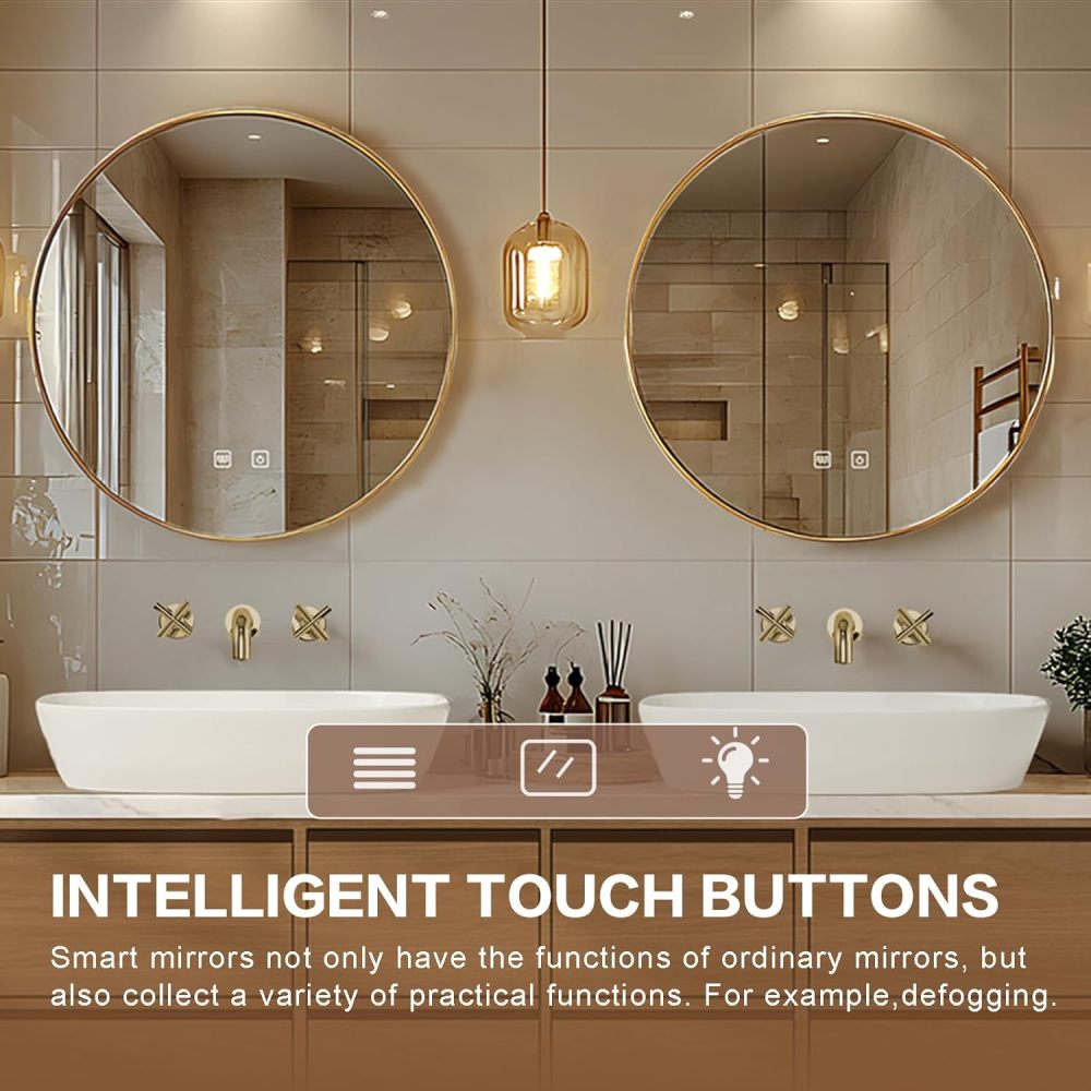 Bathroom Vanity - Floating Bathroom Vanity with Double Sinks Includes Round Mirror & Solid Wood Cabinet|American Country Style,LED Smart Defog Mirror(72IN)
