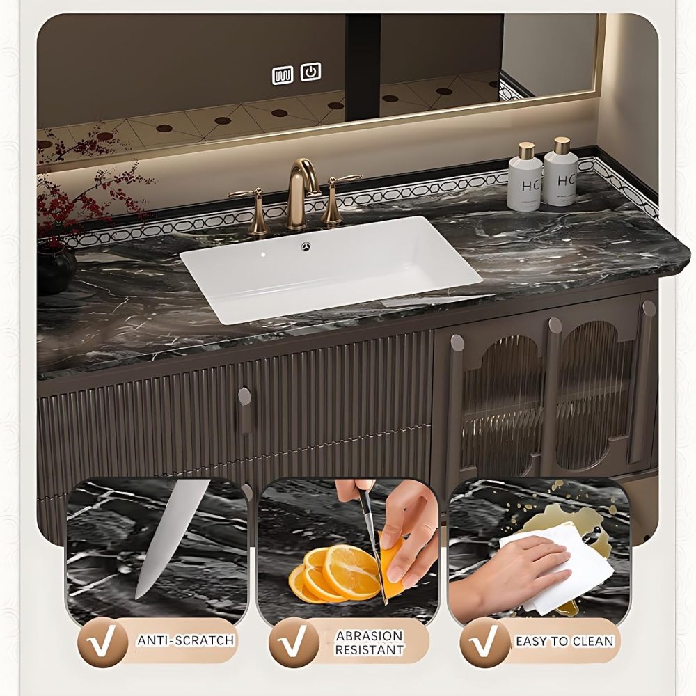 Black 96 in Classic Bathroom Vanity with Sink - Floating Bathroom Vanity Set - Includes LED Smart Defogging Mirror Cabinet & Faucet - Solid Oak Material - Wall Mount