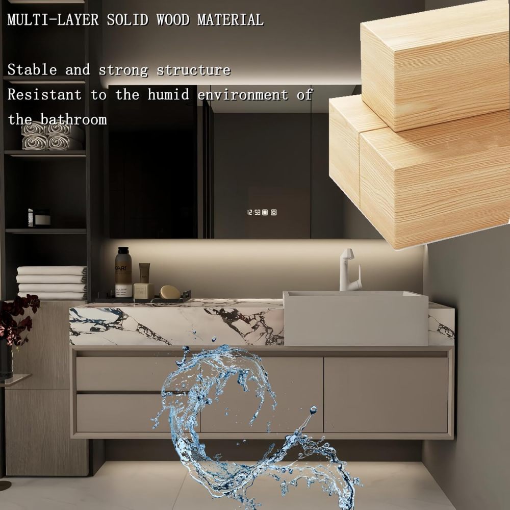 72 in Modern Bathroom Vanity with Sink - Floating Wall-Mounted Solid Wood Vanity Cabinet with Smart Mirror | Raised Ceramic Basin | Anti-Fog LED Mirror | Mirror Cabinet