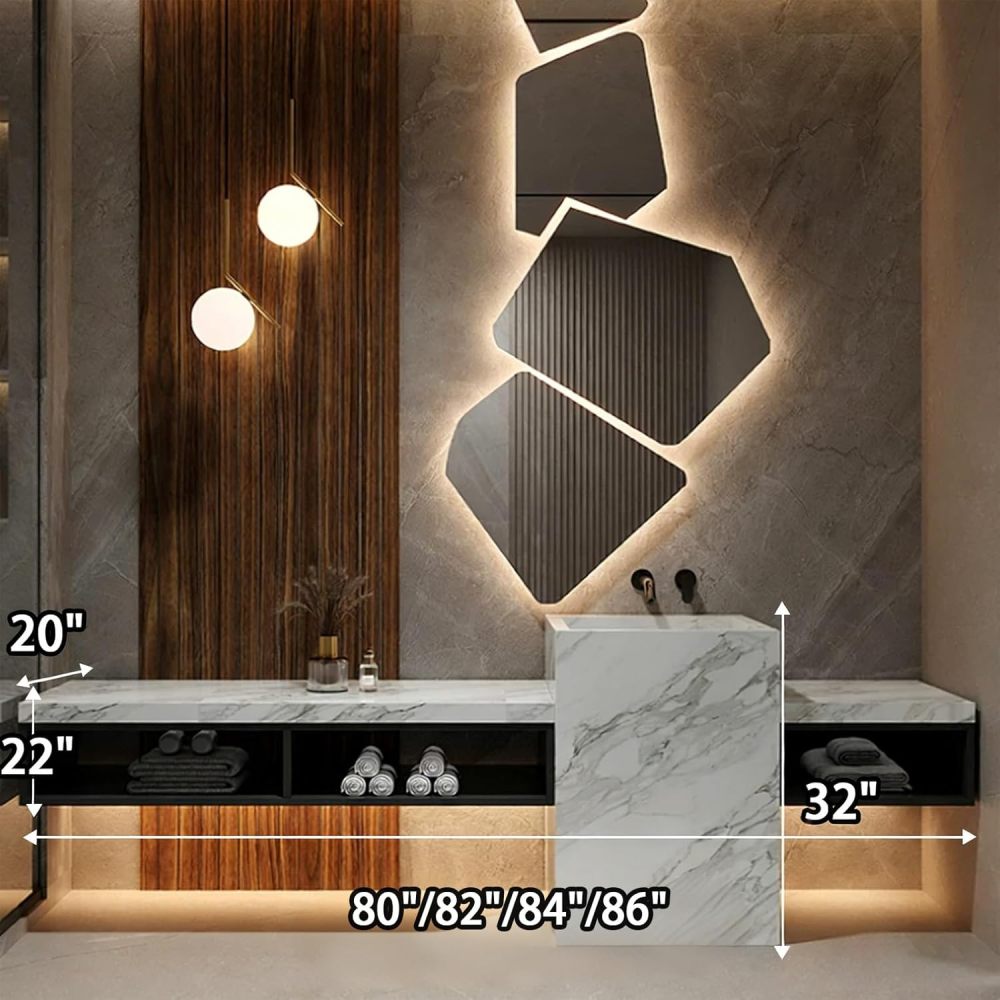 80IN Bathroom Vanity - Modern Bathroom Vanity with Anti-Fog Mirror Cabinet, One-Touch Defog & Lighting, Luxury Sink Cabinet with Multiple Storage Areas, No Assembly Required, Black