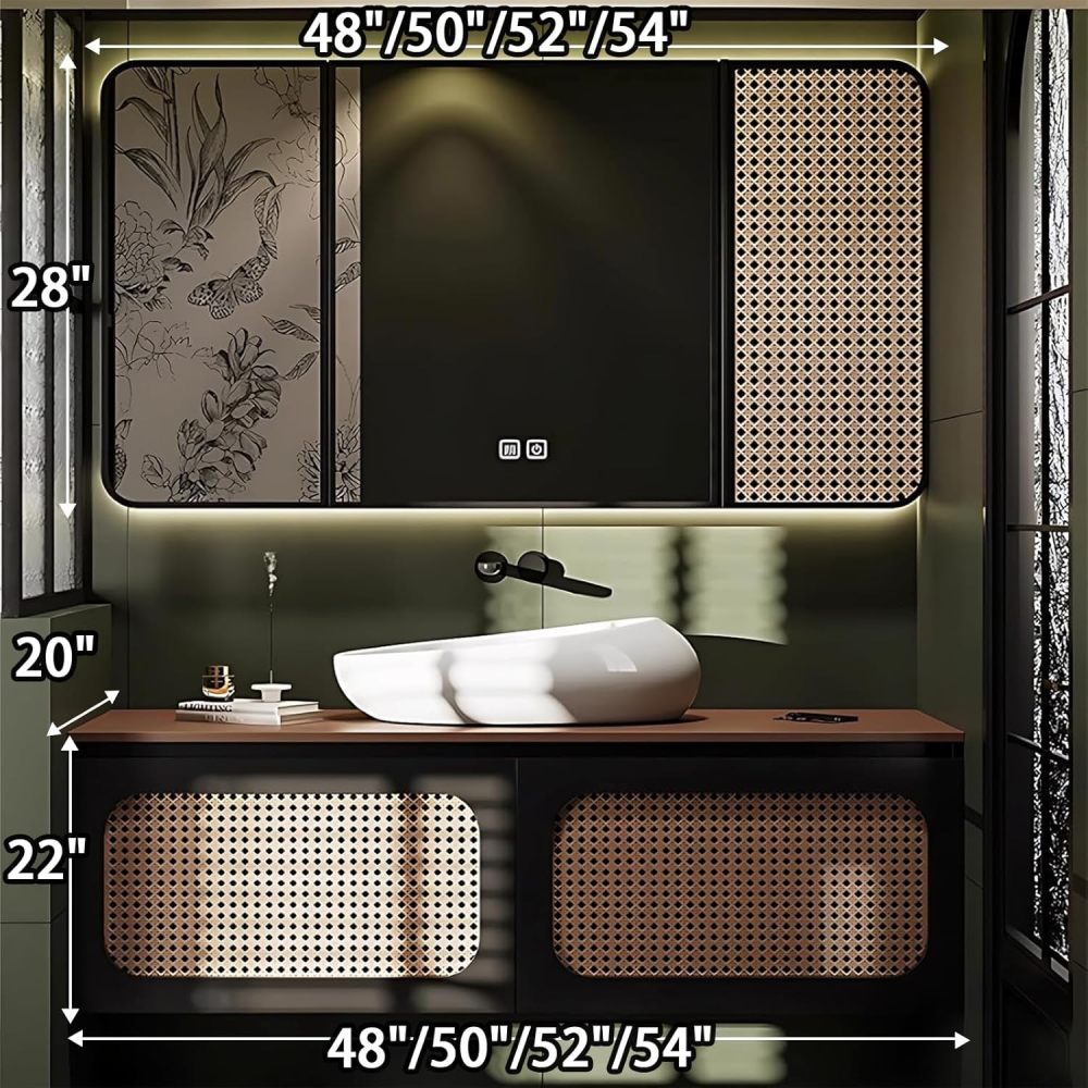 50IN Bathroom Vanity - Modern Bathroom Vanity with Anti-Fog Mirror Cabinet, One-Touch Defog & Lighting, Solid Wood Sink Cabinet with 2 Drawers, No Assembly Required, Black