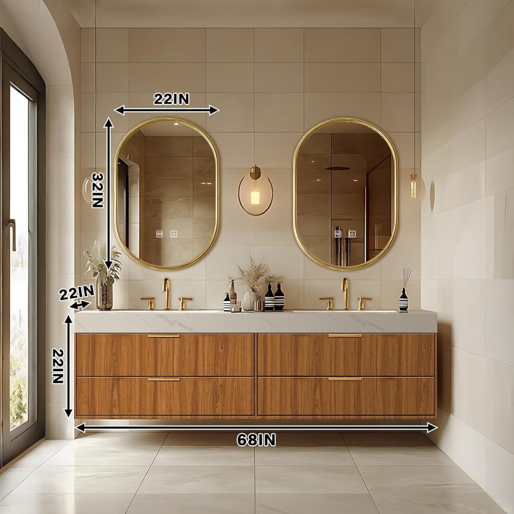 68 inch Bathroom Vanity – Floating Bathroom Vanity with Double Sinks Includes Symmetrical Cabinet & Irregular Mirror|Modern Log Style,LED Smart Defogging Mirror