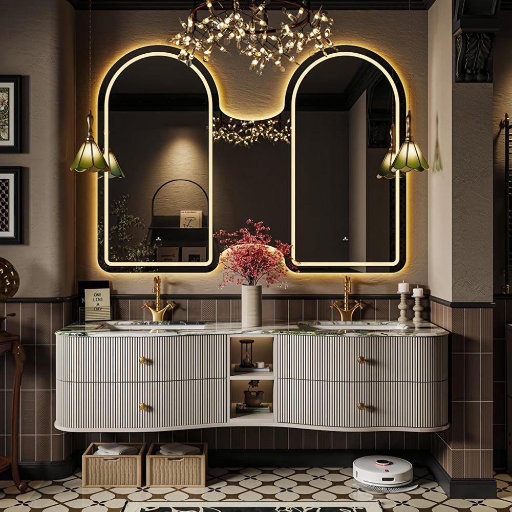 Double Sink Bathroom Vanity- Luxury Sink and Cabinet Combo Set with Solid Wood Pedestal Storage, Floating Vanity Design, Vanity Cabinet with Mirror and Generous Storage Solutions