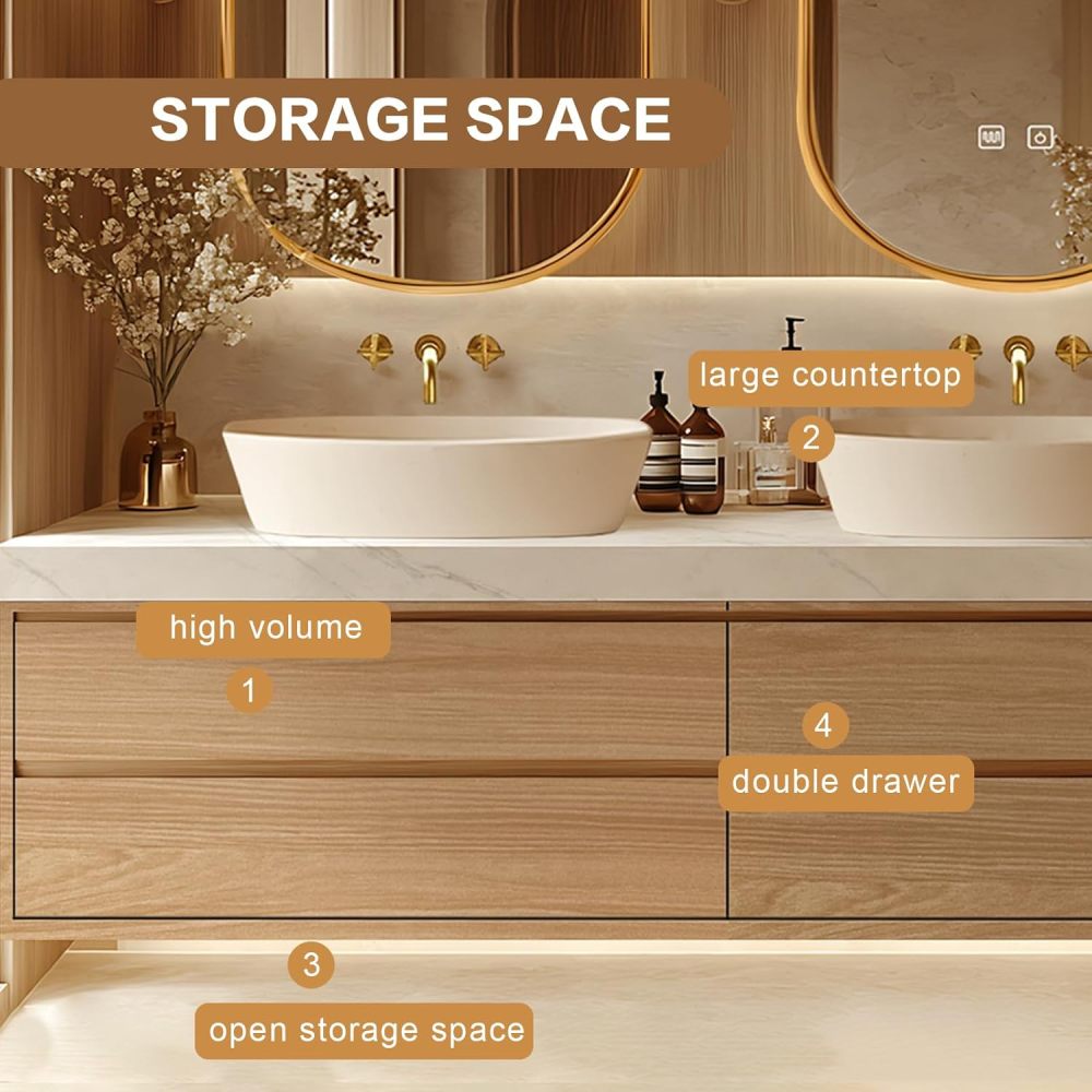Bathroom Vanity - Floating Bathroom Vanity with Double Sinks Includes Irregular Mirrors & Above Counter Sinks|Modern Exquisite Style,Hidden Handle,LED Smart Defog Mirror(72IN)