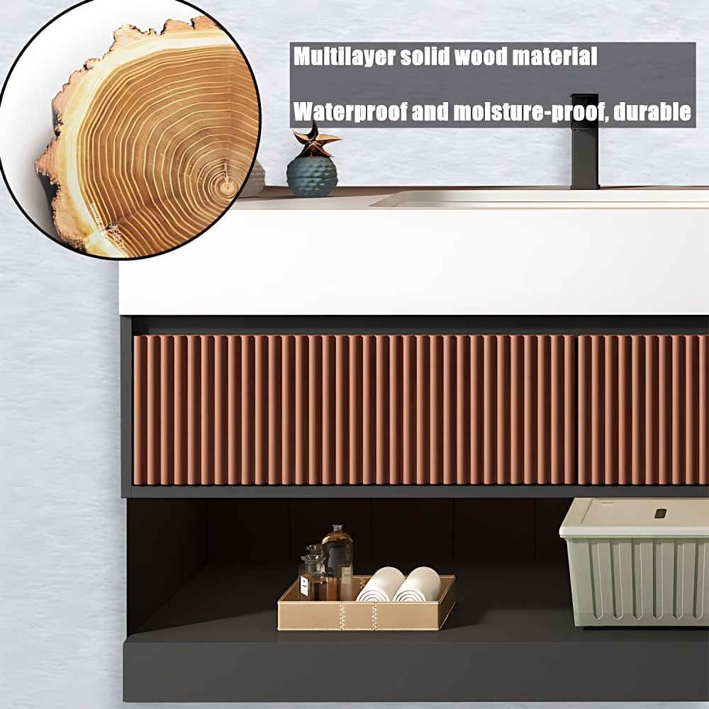 Bathroom Vanity with Sink - Modern Single Sink Floating Vanity Set, Including LED Smart Defogger Mirror, Bathroom Vanity Cabinet with Multi-Layer Solid Wood Material | Wall Mounted (Brown, 36")