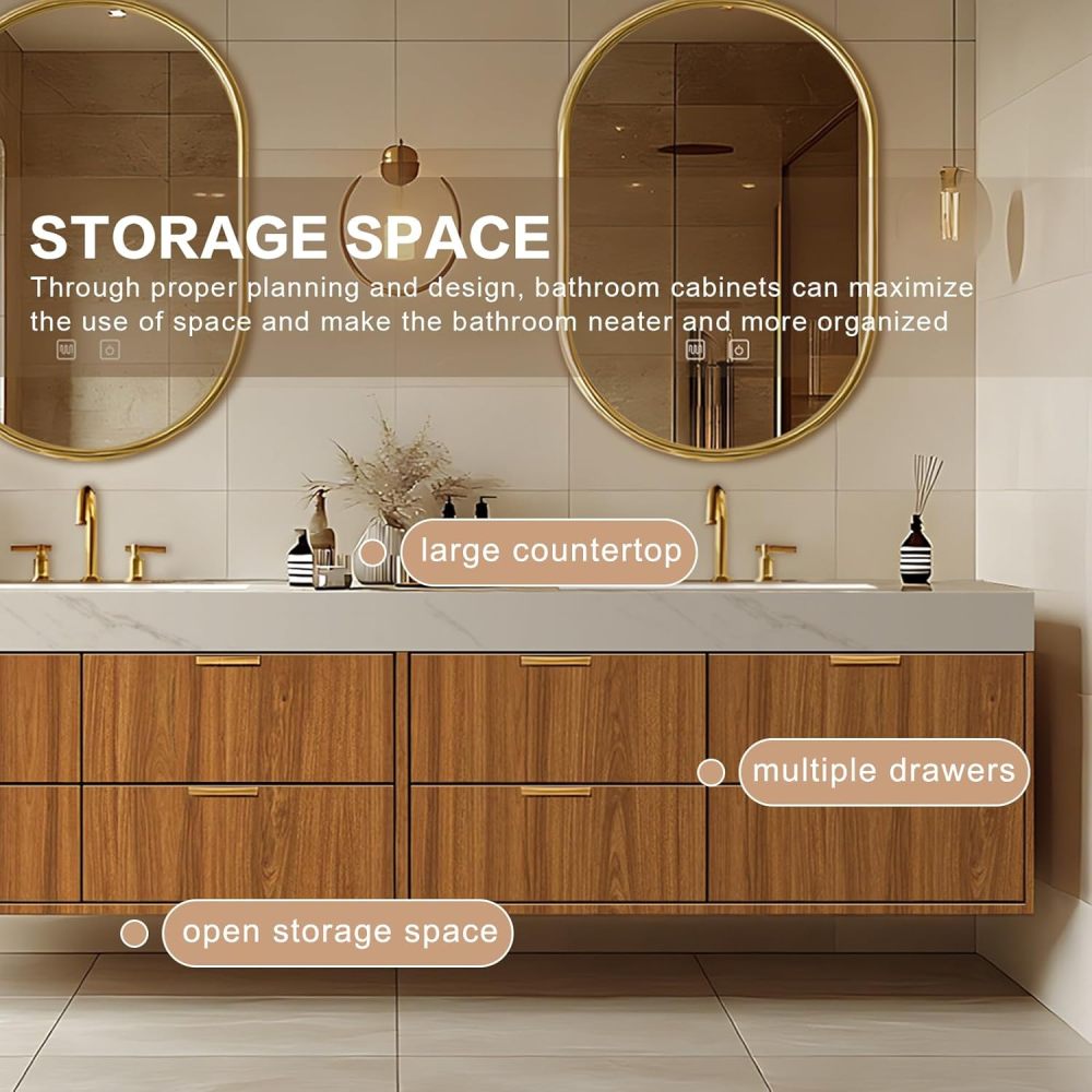 68 inch Bathroom Vanity – Floating Bathroom Vanity with Double Sinks Includes Symmetrical Cabinet & Irregular Mirror|Modern Log Style,LED Smart Defogging Mirror