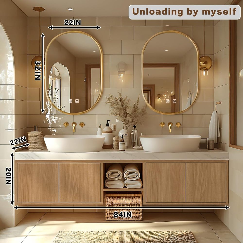 Bathroom Vanity - Floating Bathroom Vanity with Double Sinks Includes Above Counter Sink & Irregular Mirror|Modern Log Style,Exquisite Handle,Open Storage Rack(84IN)