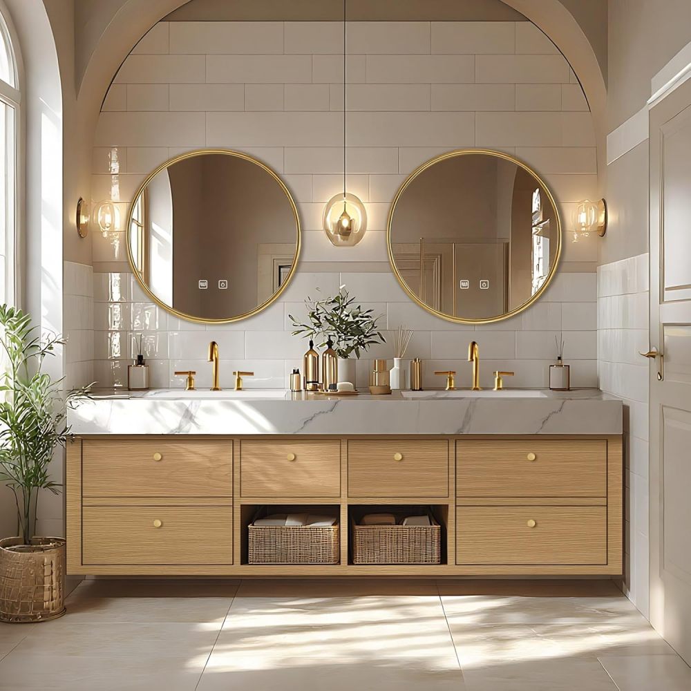 Bathroom Vanity - Floating Bathroom Vanity with Double Sinks Includes American Country Style & Round Mirror|Open Storage Rack,Exquisite Handle,LED Smart Mirror (68")