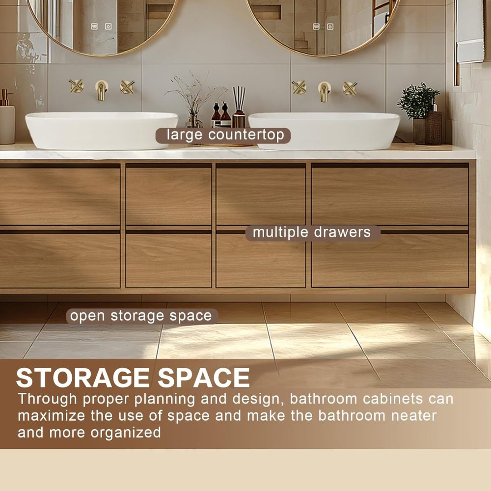 Bathroom Vanity - Floating Bathroom Vanity with Double Sinks Includes Round Mirror & Solid Wood Cabinet|American Country Style,LED Smart Defog Mirror(72IN)