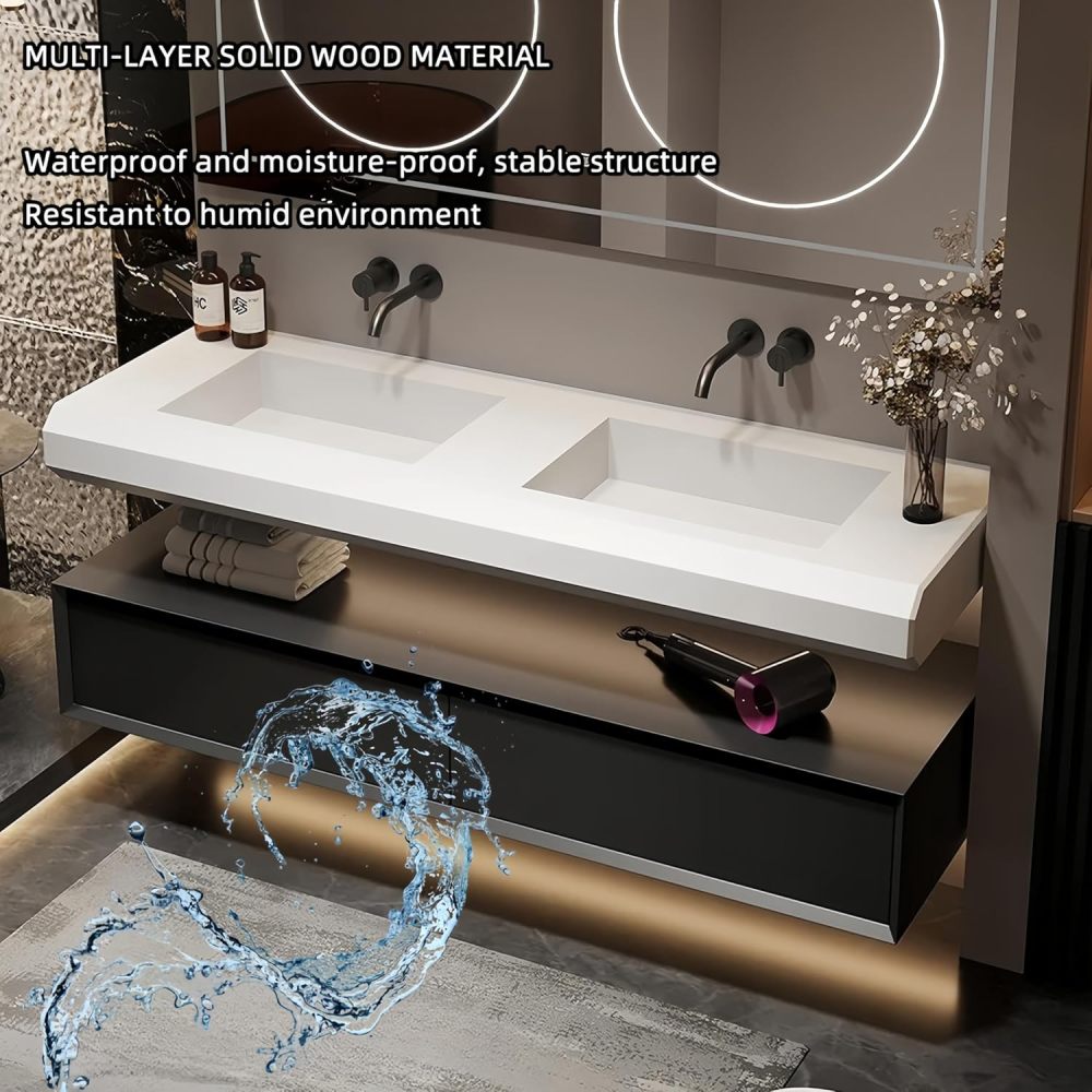 60 in Bathroom Vanity with Double Sink - Modern Floating Solid Wood Bathroom Vanity Cabinet | Intelligent defog Function | Stylish Wall Mounted | Multiple Smart Mirror