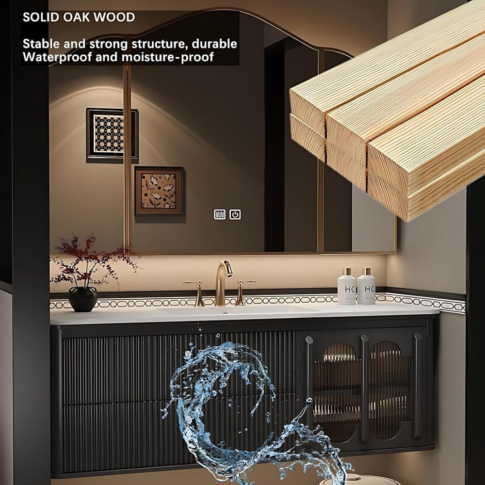 Black 96 in Classic Bathroom Vanity with Sink - Floating Bathroom Vanity Set - Includes LED Smart Defogging Mirror Cabinet & Faucet - Solid Oak Material - Wall Mount