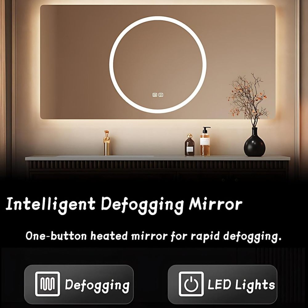 Modern Bathroom Vanity - with Sink and Anti-Fog Mirror | Glass Side Storage Cabinet | Rock Slab Ceramic Basin | Soft Close Drawers | Gold Handles | Deep Walnut Finish(Brown,56 in)