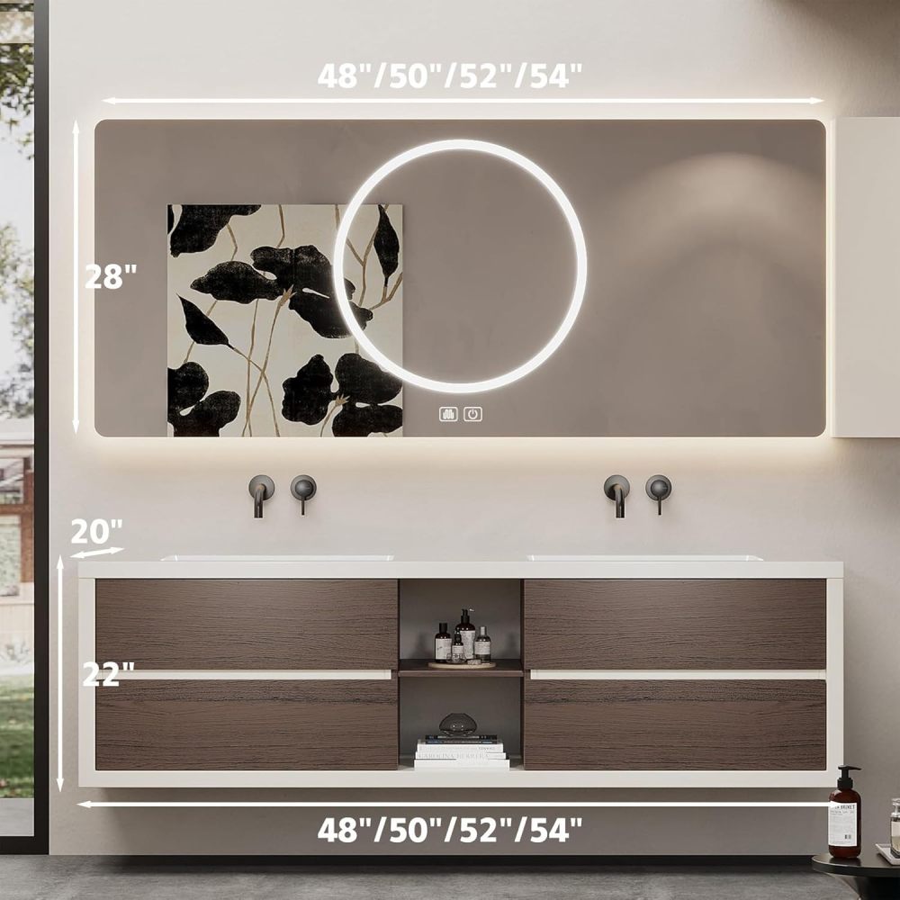 52IN Double Sink Bathroom Vanity - Wall-Mounted Bathroom Vanity Set | Luxurious Large Spaces | Equipped with LED Smart Defogging Mirror | Marble Countertop | Multi-Layer Solid Wood