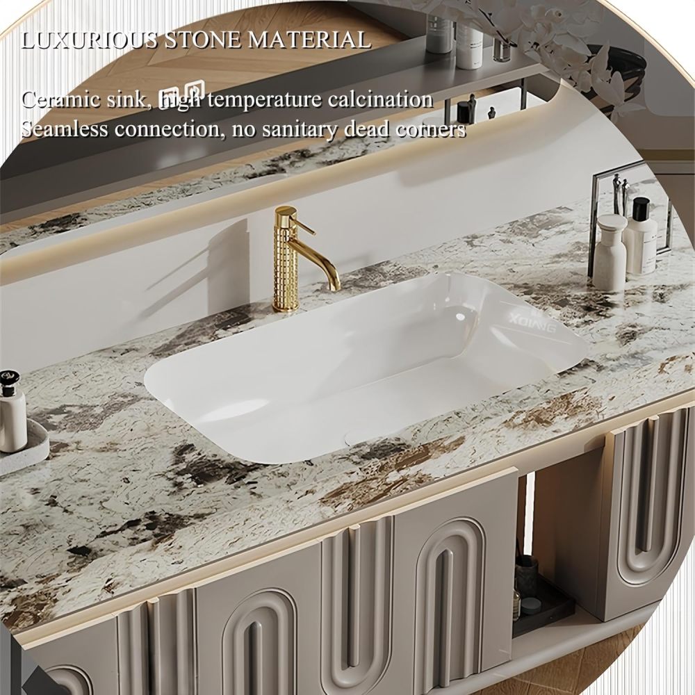 64 in Bathroom Vanity with Sink - Modern Floating Solid Wood Bathroom Vanity Cabinet, Stylish LED Mirror with Defogger, Built-in Beauty Fridge, Custom Sizes