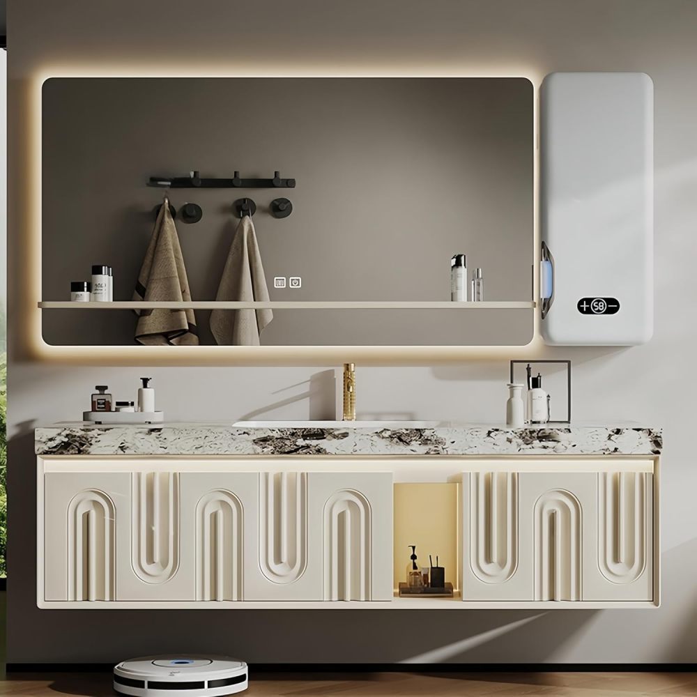 64 in Bathroom Vanity with Sink - Modern Floating Solid Wood Bathroom Vanity Cabinet, Stylish LED Mirror with Defogger, Built-in Beauty Fridge, Custom Sizes