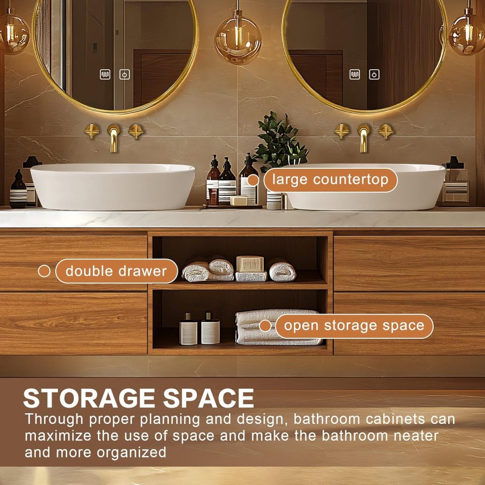 Bathroom Vanity - Floating Bathroom Vanity with Double Sinks Includes Above Counter Sink & Patterned Countertop|Modern Log Style,Open Storage Rack,LED Smart Mirror(78IN)