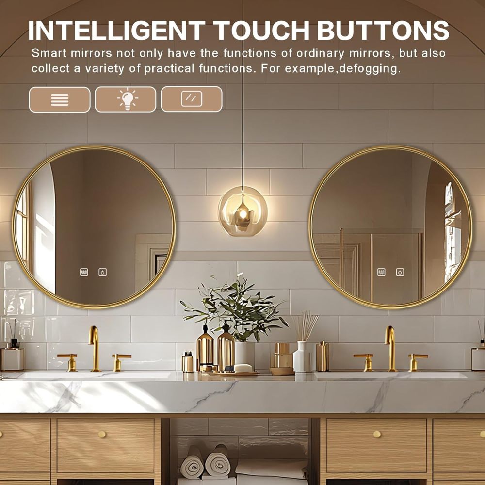 Bathroom Vanity - Floating Bathroom Vanity with Double Sinks Includes American Country Style & Round Mirror|Open Storage Rack,Exquisite Handle,LED Smart Mirror(88IN)