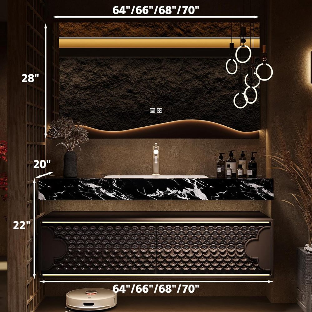 Brown 64IN Floating Bathroom Vanity with Sink - Bathroom Vanity Set | Luxurious and Stylish Design | Equipped with LED Smart Defogging Mirror Cabinet | Marble Slab Countertop | Oak Carving