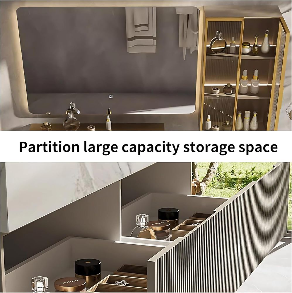 Bathroom Vanity - Simple Bathroom Vanity with Sink, Modern Bathroom Vanities Set Includes Smart Led Fog Removal Lights & Mirror Side Cabinet (32")