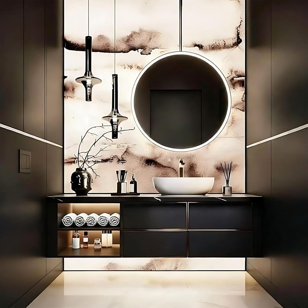 48IN Bathroom Vanity with Sink - Floating Bathroom Vanity with Smart Defog Mirror, One-Touch Defog, Modern Sink Cabinet with Multiple Storage Areas, No Assembly Required, Black Mirror