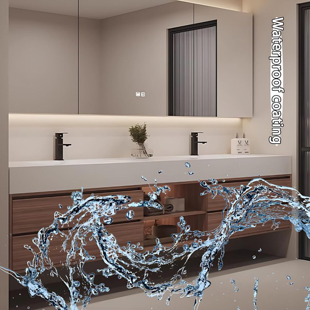 Bathroom Vanity - Double Sink Bathroom Vanity with Smart LED Defog Mirror Cabinet, One-Touch Defog & LED Lighting, Wall Mounted Cabinet with Multiple Storage Spaces (Wood, 96IN)