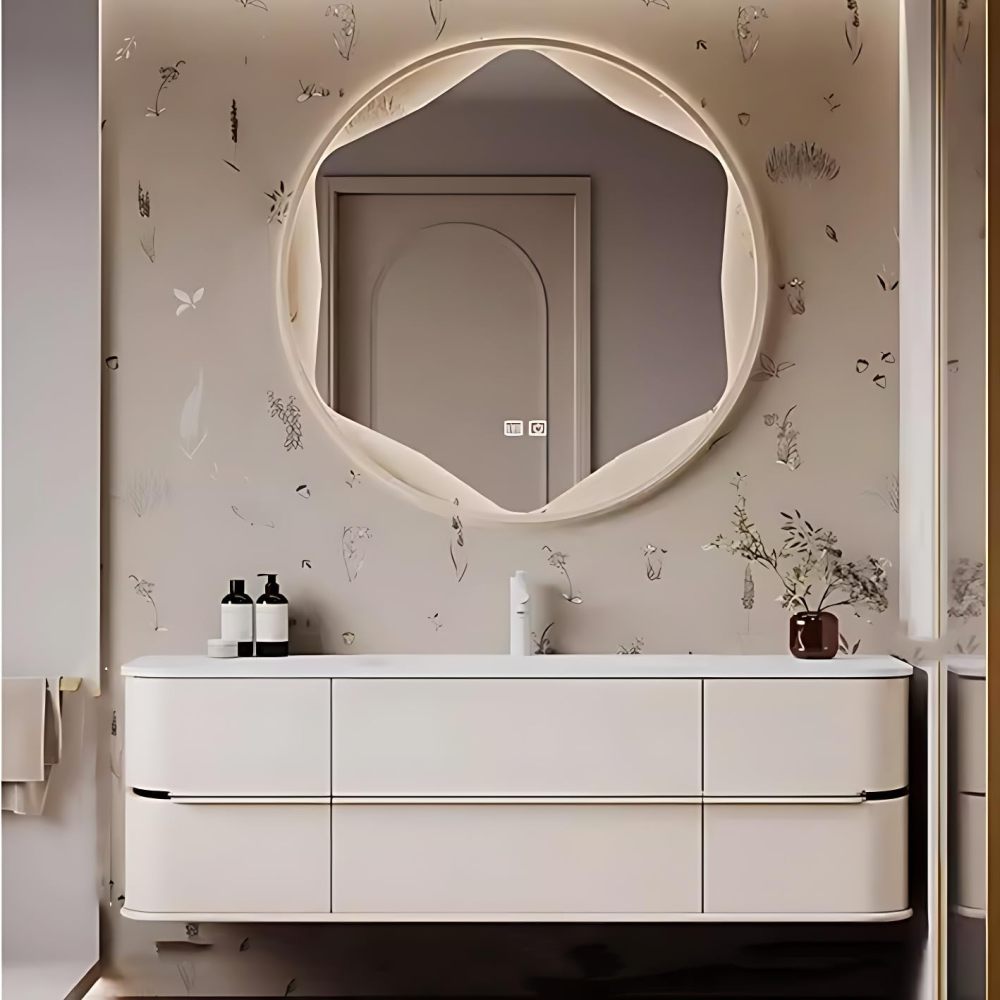 Modern Bathroom Vanity with Sink - Premium Bathroom Sink Cabinet, Floating Vanity with Smart Anti-Fog Mirror, Ample Storage, Easy Assembly, Solid Wood Construction (Round Mirror, 44")