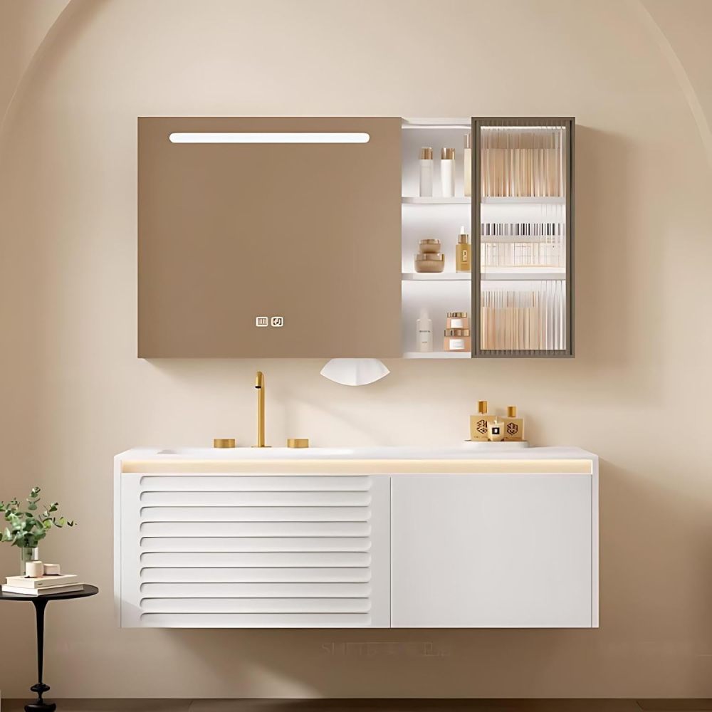 66 inch Bathroom Sink Vanity - Luxury Floating Bathroom Vanity with Anti-Fog Mirror & Drawer, One-Piece Countertop, Solid Wood, Striped Design, Waterproof Coating, Fully Assembled, White B