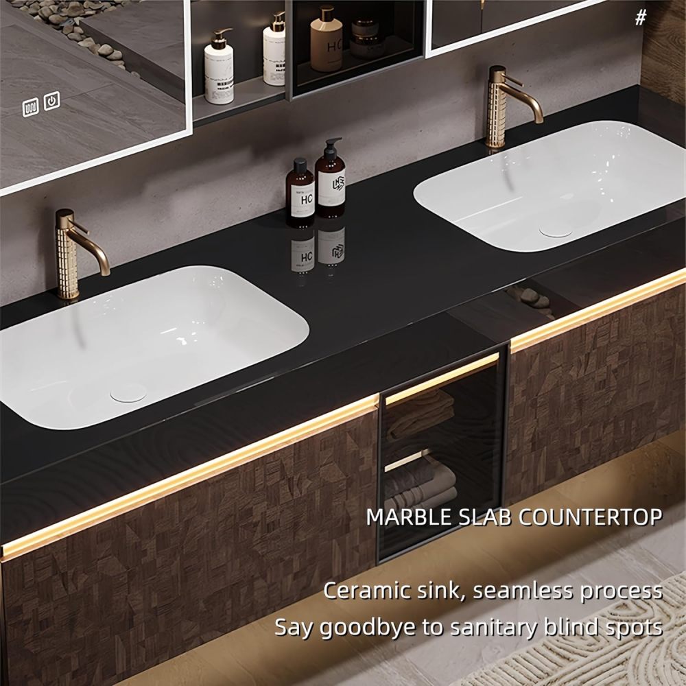 60 in Double Bathroom Vanity with Sinks - Floating Bathroom Vanity Set | Includes LED Smart Defogging Mirror Cabinet & Faucet | Multi-Layer Solid Wood Material | Smart Sensor Light | Brown