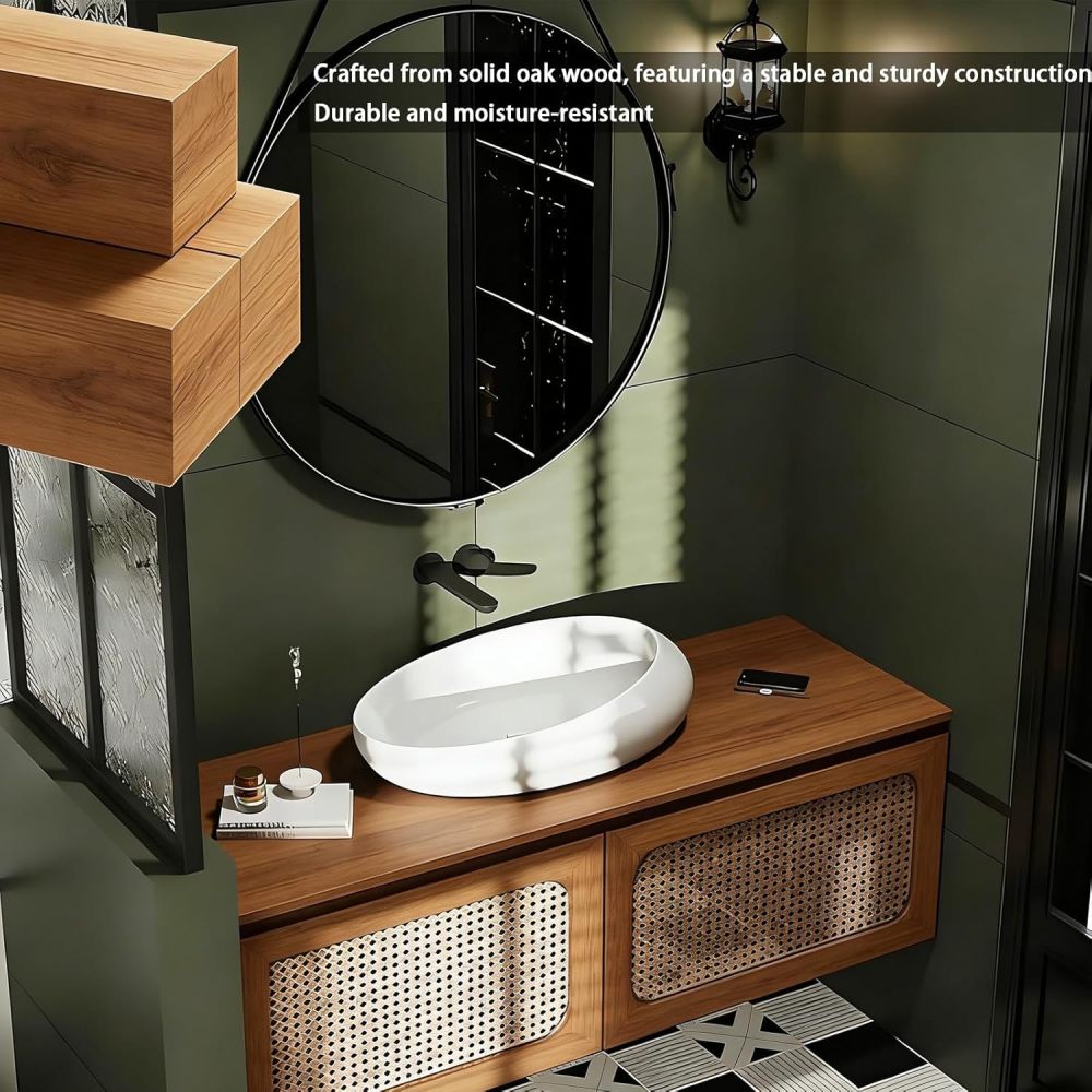 50IN Bathroom Vanity - Modern Bathroom Vanity with Anti-Fog Mirror Cabinet, One-Touch Defog & Lighting, Solid Wood Sink Cabinet with 2 Drawers, No Assembly Required, Black