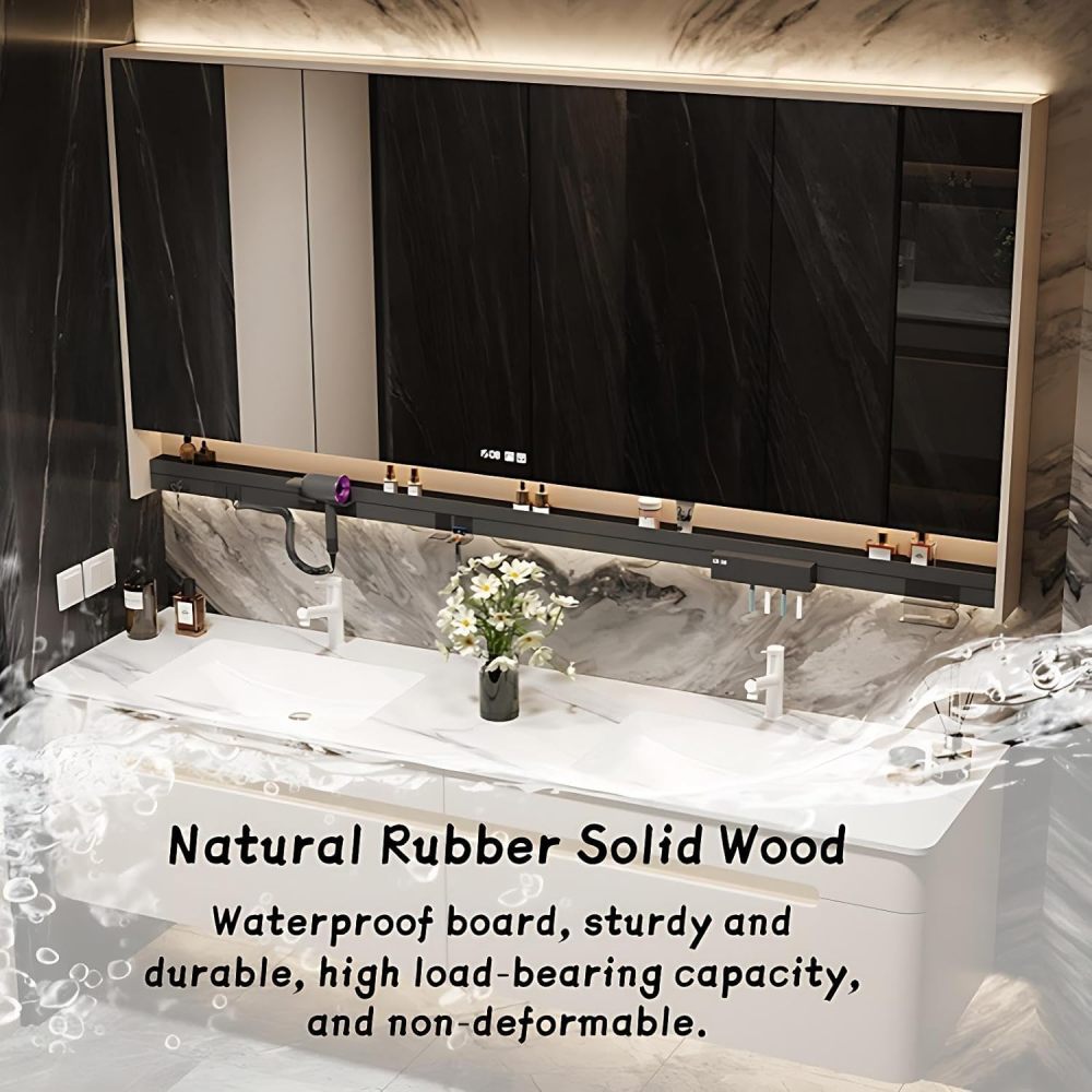 Modern Bathroom Vanity - with Sink and Anti-Fog Mirror | Solid Wood Bathroom Vanity Cabinet in Beige Matte Finish | Seamless Stone Ceramic Sink | Soft-Close Drawers(Smart Mirror,88 in)