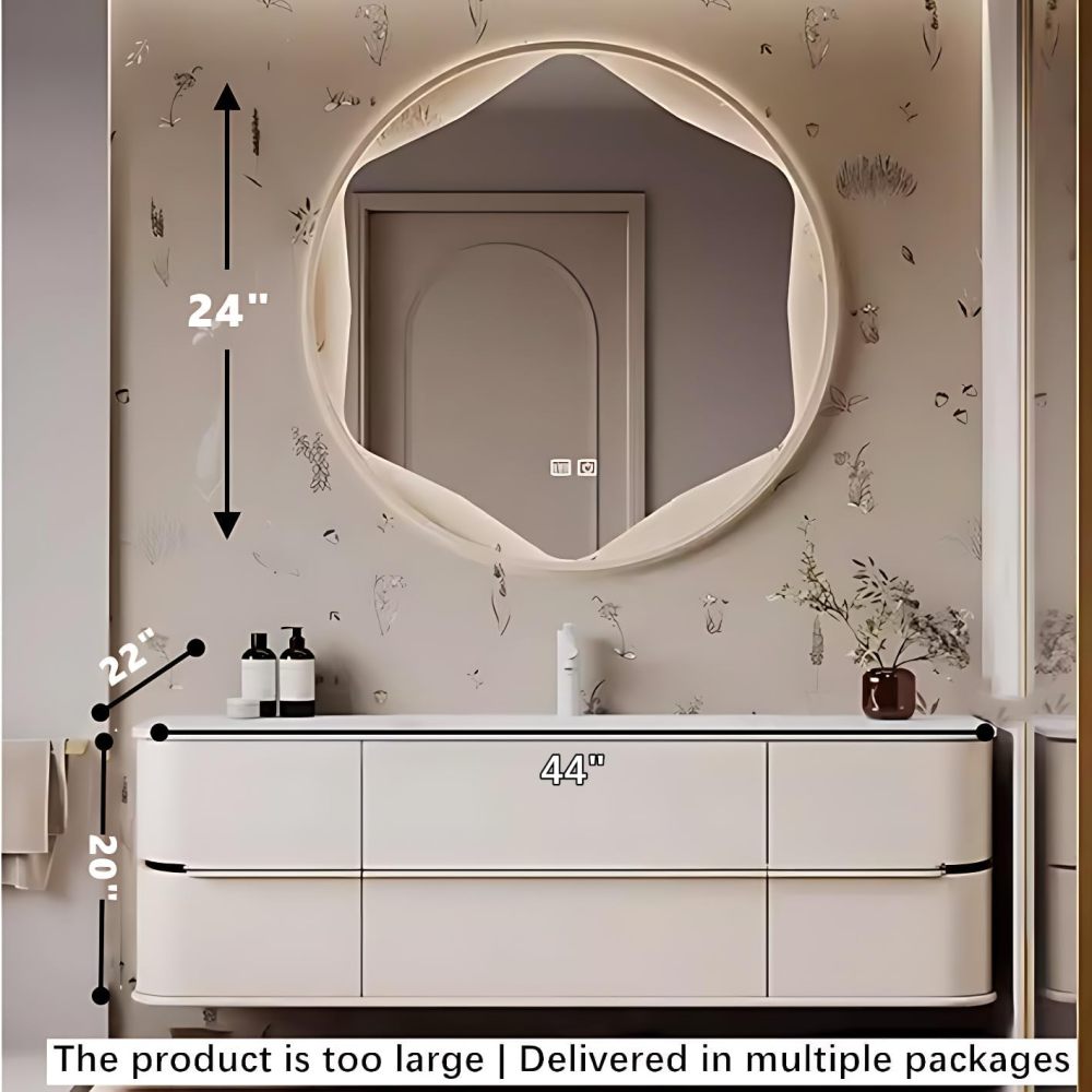 Modern Bathroom Vanity with Sink - Premium Bathroom Sink Cabinet, Floating Vanity with Smart Anti-Fog Mirror, Ample Storage, Easy Assembly, Solid Wood Construction (Round Mirror, 44")