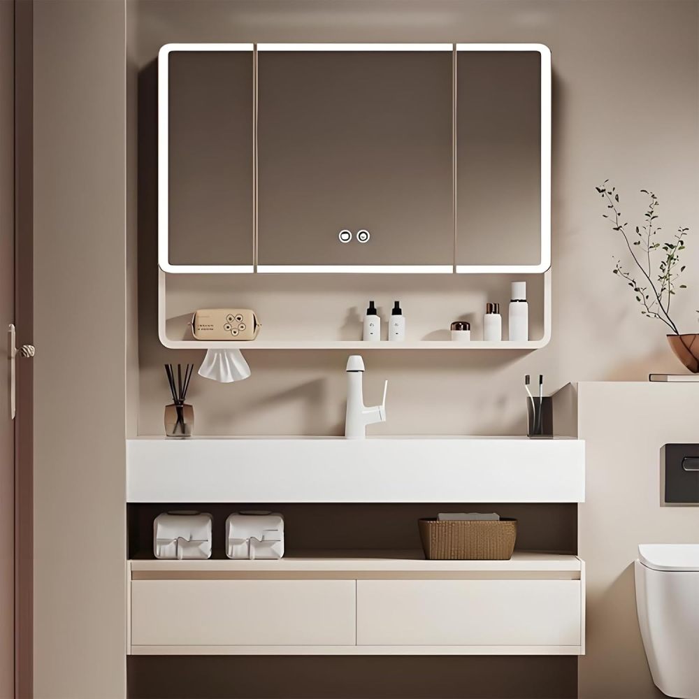 86IN Smart Bathroom Vanity with Sink - Wall-Mounted Bathroom Vanity Set | Equipped with LED Defogging Mirror Cabinet | Seamless Stone Countertop | Modern Design | Multi-Layer Solid Wood