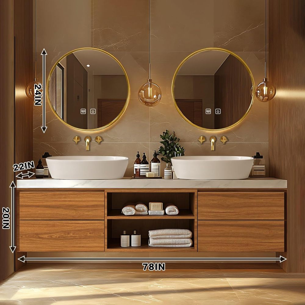 Bathroom Vanity - Floating Bathroom Vanity with Double Sinks Includes Above Counter Sink & Patterned Countertop|Modern Log Style,Open Storage Rack,LED Smart Mirror(78IN)