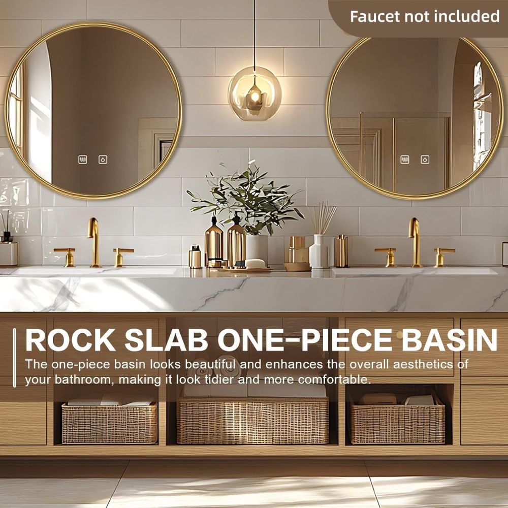 Bathroom Vanity - Floating Bathroom Vanity with Double Sinks Includes American Country Style & Round Mirror|Open Storage Rack,Exquisite Handle,LED Smart Mirror(88IN)