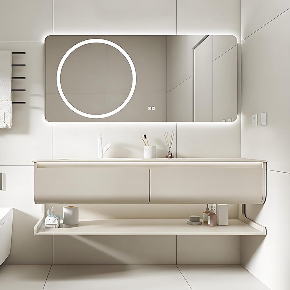 62IN Solid Wood Bathroom Vanity with Sink - Floating Bathroom Vanity Cabinet | Curved and Stylish Design | Equipped with LED Smart Defogging Mirror | Integrated Countertop | Oak